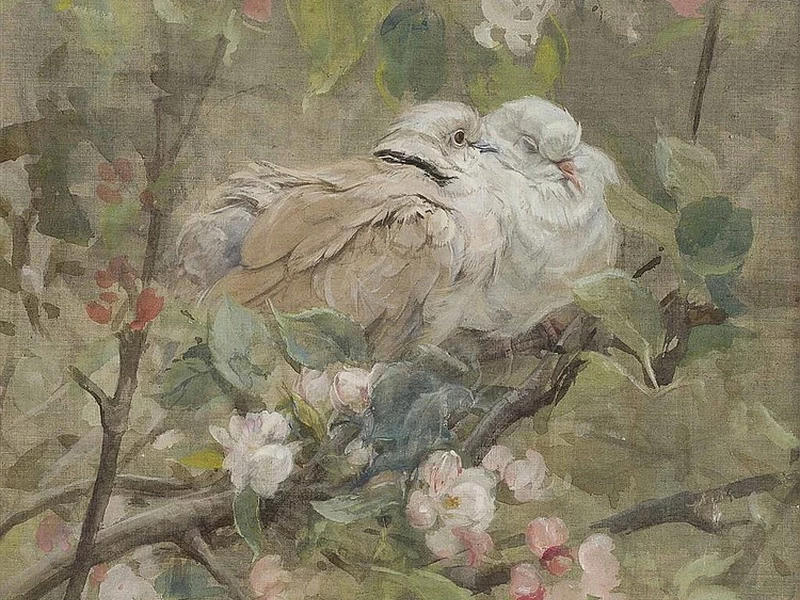 1870-Edwin John Alexander - Colombe e fiori di melo